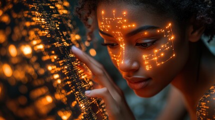 Young woman with glowing circuit board design on her face, looking at a similar pattern on a tree trunk in the forest.
