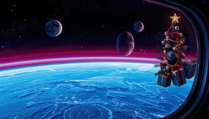 Obraz premium A festive Christmas tree with gifts floats in space, overlooking a vibrant Earth.