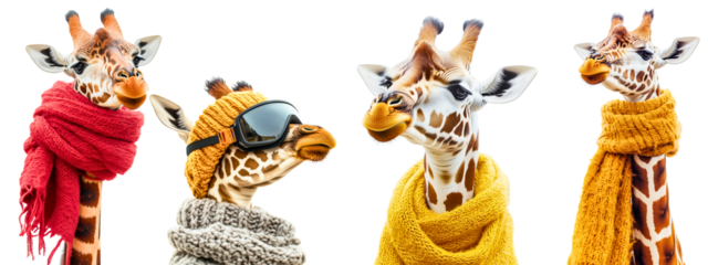 cute winter giraffes heads wearing warm scarves in different colors; one of them is proudly keping her head up, has skier / snowboarder goggles and hat; funny animals isolated over white background