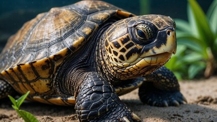 Obraz premium Close-up of a beautifully patterned tortoise crawling on the ground with green plants in the background