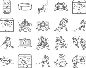ice hockey puck stick sport icons set vector. rink arena, stadium player, skate goal, sign athlete, badge light, winter, game ice hockey puck stick sport black contour illustrations