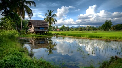 Obraz premium Stilt House Reflecting in Tranquil Rice Paddy Waters