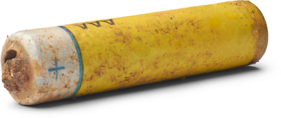 close-up of discarded old corroded battery thrown outdoors isolated white background, hazardous materials leak into the soil and contaminate environment