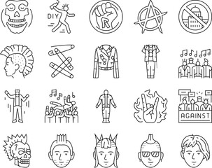 Fototapeta premium punk retro element hand art icons set vector. paper y2k, grunge shape, pop mouth, grid doodle, tattoo cyber, heart fire vintage punk retro element hand art black contour illustrations