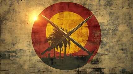 Tropical Island Scene With Crossed Swords Over Boat