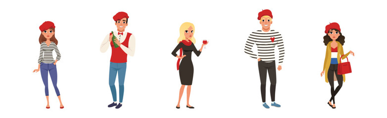 Male and Female Parisian Characters Wearing Traditional Clothes Vector Set