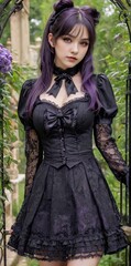 Layered skirt with purple and black ruffles and lace accents