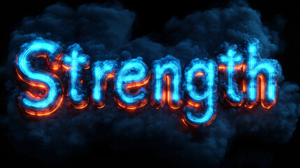 A vibrant display of the word "Strength" illuminated in glowing blue and red against a dark, cloudy background, symbolizing power and resilience.