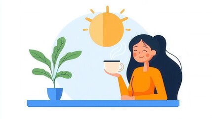 Woman Enjoying Coffee in Bright Morning Sunlight with Plant