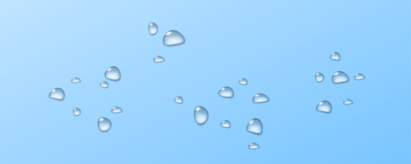 Realistic vector water drops png on a transparent light background. Water condensation on the surface with light reflection and realistic shadow. 3d vector illustration