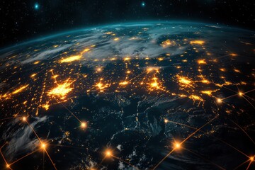 Obraz premium A network global data centers, each connected through secure channels and protected by AI-based cybersecurity measures to prevent data breaches and unauthorized access. The data centers glow 