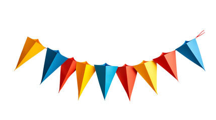 Obraz premium PNG cut out isolated background. A vibrant string of triangular flags in red, blue, yellow, and orange, arranged in an alternating pattern.