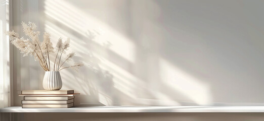 Office interior backdrop for online meetings. Light home office setting bookshelves background. Minimalist online workspace aesthetics. Video conferencing room design in pastel tones.