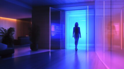 Obraz premium A person entering a secured virtual meeting room, with AI-powered authentication processes ensuring the highest level data security. The meeting room has holographic interfaces and