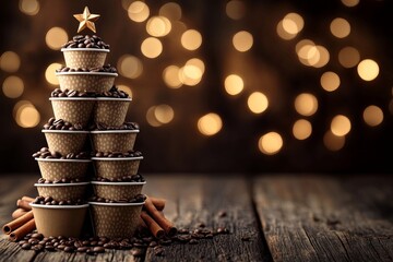 Obraz premium Coffee christmas tree, takeaway cups, coffee beans, cinnamon sticks, warm glow, bokeh lights, seasonal drink, holiday decoration, cozy atmosphere, greeting card