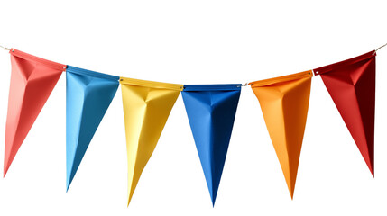 Fototapeta premium PNG cut out isolated background. A vibrant string of triangular flags in red, blue, yellow, and orange, arranged in an alternating pattern.