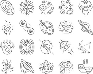 unsolved mysteries question icons set vector. dark matter, energy, origin of the universe life, consciousness, time travel, hole unsolved mysteries question black contour illustrations