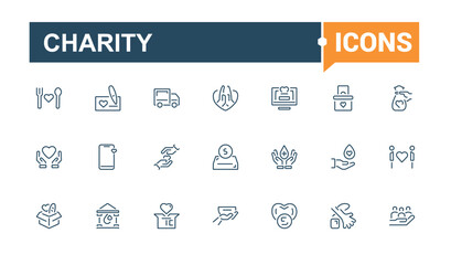 Charity And Donation icons in linear style. Contains such icons as social, friend, linearity, donate, family, cooperation and more. Outline symbol collection. Vector icons editable stroke.