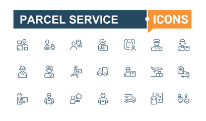 Set of Parcel Service line icons. Containing supply, shipment, box, cargo, service, container, bicycle, car. Outline icon collections. Editable vector icon and illustration.