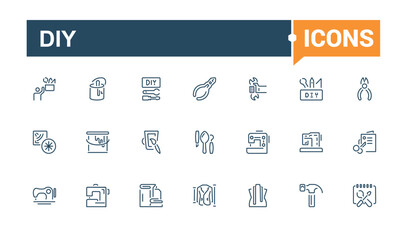 Diy icons. Contains related to craft, screwdriver, saw, gun, construction, repair and more. Thin UI icon design. Vector icons editable stroke.