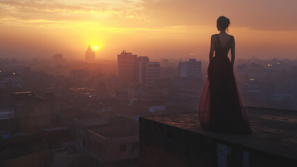 Fototapeta premium An urban rooftop view at dawn with a woman in a long flowing dress standing on the edge