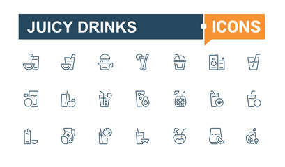 Juicy Drinks icon collection. Containing milk, juice, soda, carbonated, food, fresh and more. Thin linear style icons. Vector icons editable stroke.