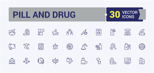 Pill And Drug icon collection. Includes thin line medication, treatment, disease, chemistry, addict, tablet, bottle, painkiller. Minimalistic web and UI icons. Editable vector stroke.