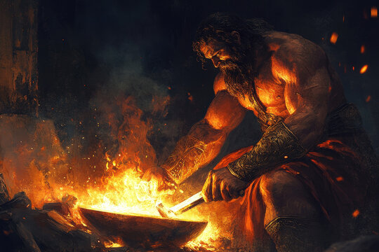 Hephaestus Forging in Fiery Workshop
