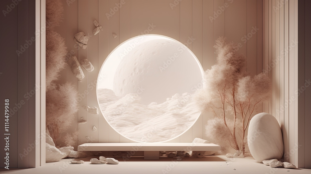 Aufkleber Interior with circular architecture form in 3D style. Abstract room with arc element and trees