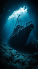 Fototapeta premium A large, dark shipwreck lies at the bottom of an oceanic canyon. A single beam of light shines down from above.
