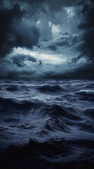 Fototapeta premium Ominous, dark blue sea with waves, a dark, stormy sky, gloomy clouds, atmospheric perspective, dark lighting, deep colors, an eerie mood,