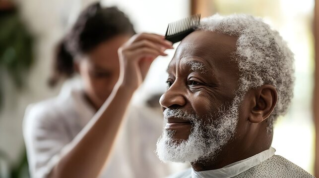 A man is getting his hair cut by a woman