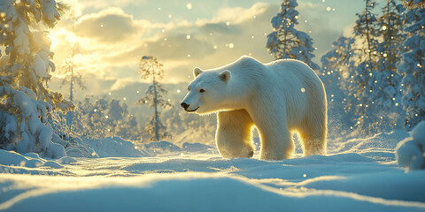 Polar bear walking in the snow with a forest in the background