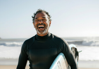 Fototapeta premium Mature surfer laughing and holding surfboard on the beach