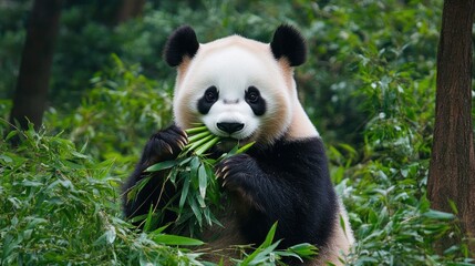 Obraz premium Giant Panda Enjoying a Bamboo Feast in Lush Greenery