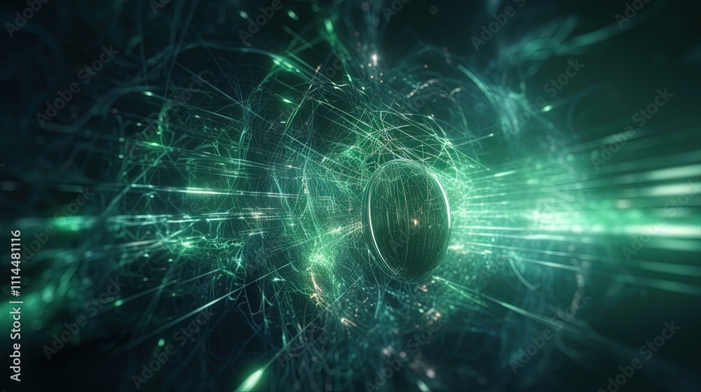 Poster Abstract light streaks in a dynamic digital space with glowing green elements