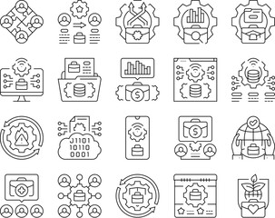 business process optimization icons set vector. automation efficiency, strategy innovation, management analysis, improvement business process optimization black contour illustrations