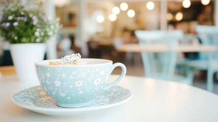 Fototapeta premium Delicate Blue Teacup With Small Cake And Flowers