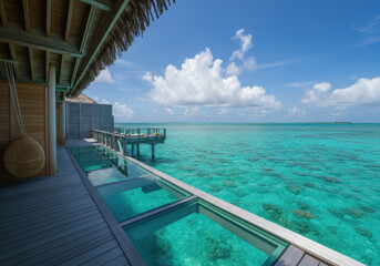 Fototapeta premium Wooden bungalow with glass floor sections extending over turquoise ocean water under a blue sky with clouds