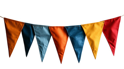 Obraz premium PNG cut out isolated background. A vibrant string of triangular fabric flags in bold shades of orange, blue, yellow, and red. 