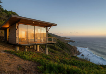 Obraz premium Luxurious, eco-friendly cabin perched on a cliffside offers breathtaking ocean views at sunset