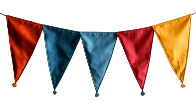  PNG cut out isolated background. A vibrant string of triangular fabric flags in bold shades of orange, blue, yellow, and red. 
