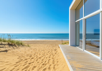 Fototapeta premium Wooden patio of a modern white beach house overlooking a beautiful sandy beach and blue ocean under a clear sky