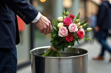 Caucasian male discarding bouquet of roses into street trash bin