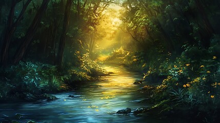 Obraz premium Serene Forest River Golden Light Path