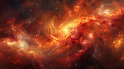 Obraz premium Fiery nebula in deep space with swirling clouds of orange, red, and yellow, capturing the dynamic energy and raw power of stellar formation, perfect for cosmic and astronomical themes
