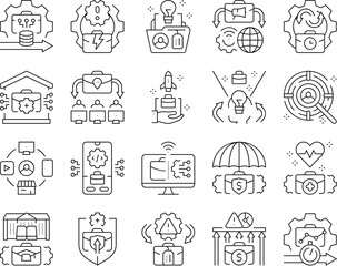 modern business innovation icons set vector. strategy leadership, marketing branding, networking entrepreneurship, sustainability modern business innovation black contour illustrations