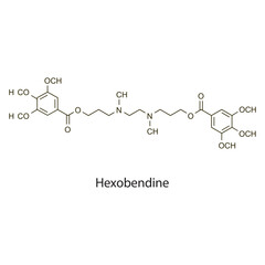 Naklejka premium Hexobendine flat skeletal molecular structure vasodilator drug used in hypertension treatment. Vector illustration scientific diagram.