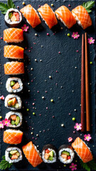 Fototapeta premium Sakura petals and Salmon Nigiri Sushi Arranged in a Rectangular Frame on a Slate Platter – Perfect for Culinary Presentations. Frame for text. Top down view