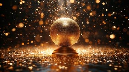 Sparkling Golden Orb on Pedestal Surrounded by Glittering Particles